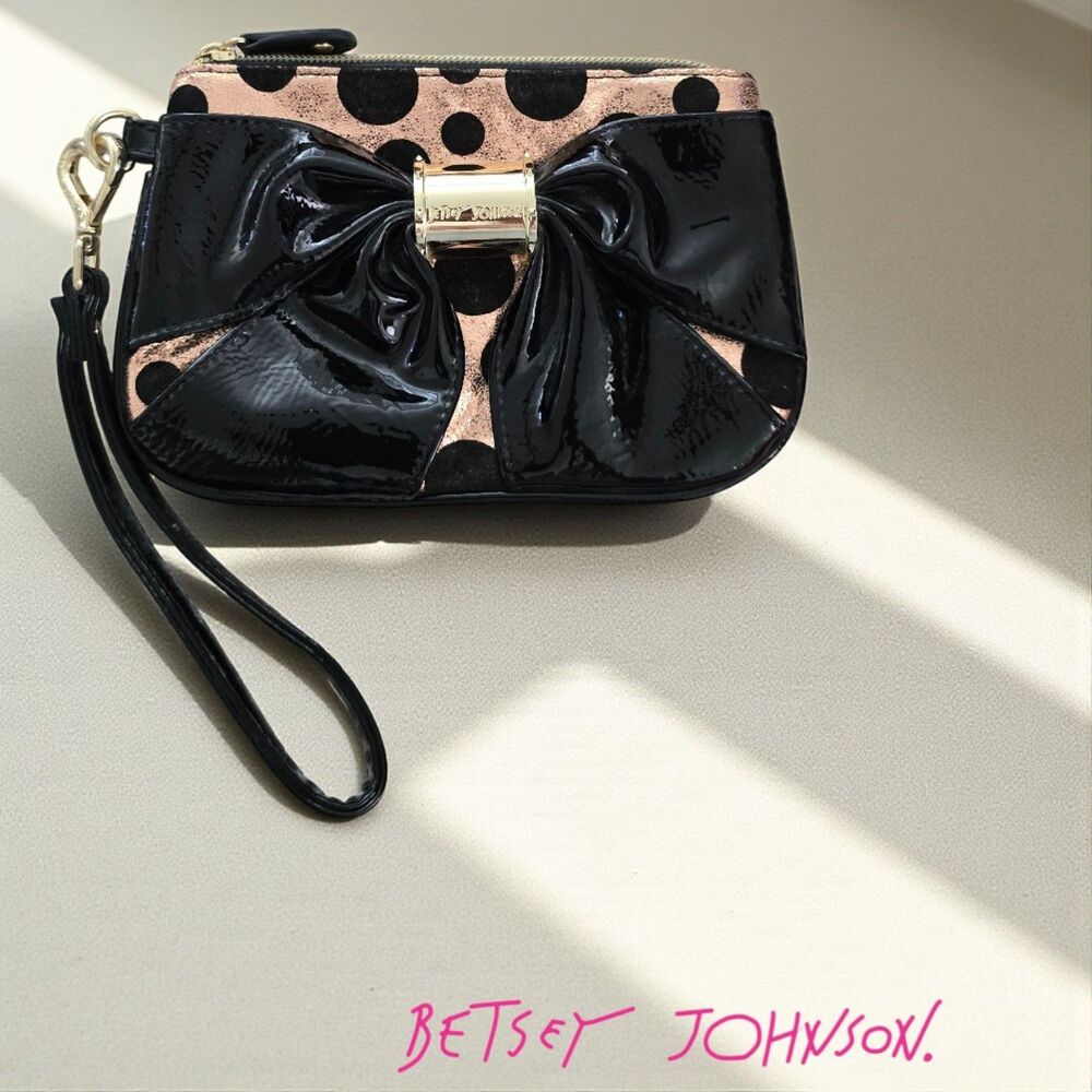 Betsey Johnson Bow Nanza Wristlet Rose Gold Black Polka Dot NWOT - Picture 6 of 6